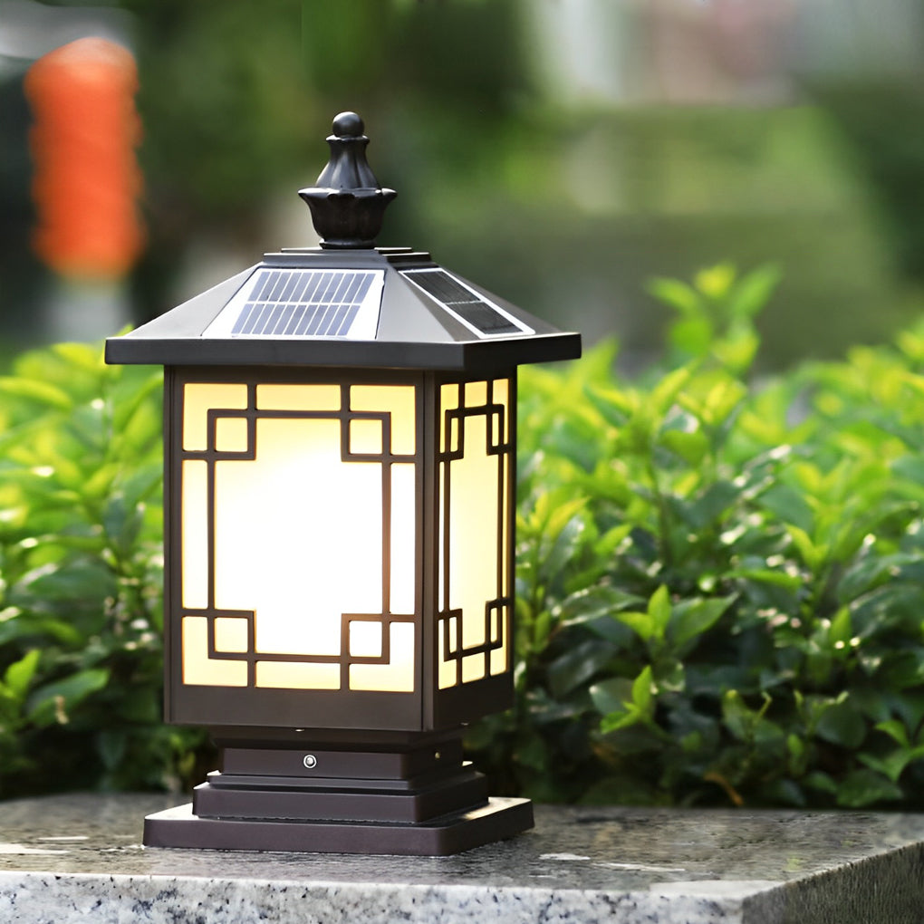 Brown Solar Fence Post Light — Die-Cast Aluminum, Retro Grille, Three-Color LED, IP65 Weatherproof