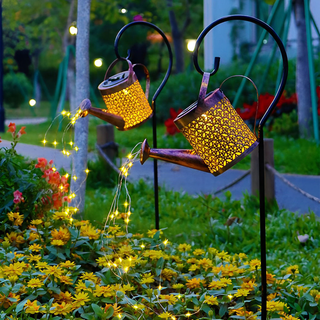 Iron Kettle Shower Solar Garden Light — Iron, LED, IP55 Weatherproof, Dusk-to-Dawn
