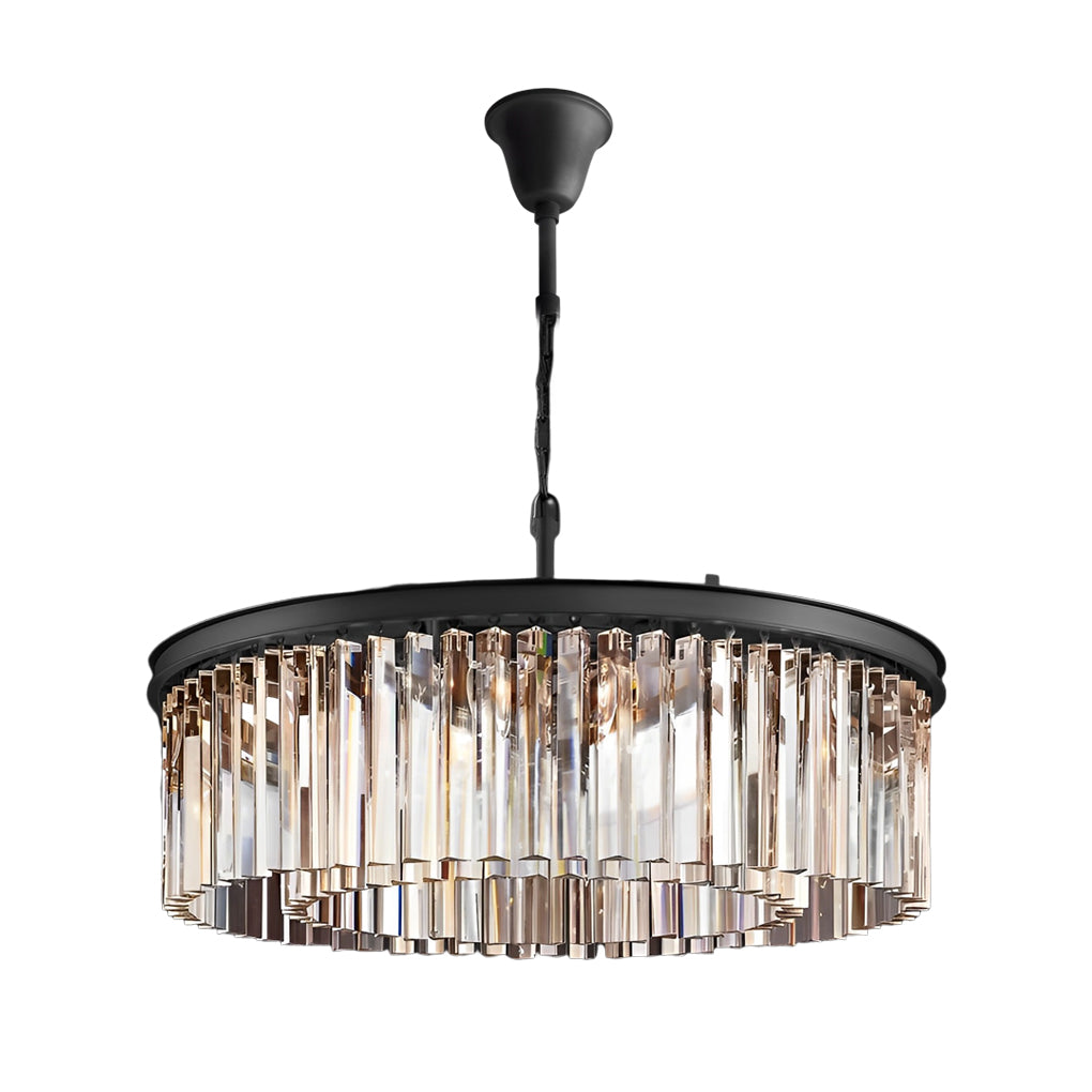 Round Crystal Strip Chandelier — K9 Crystal and Metal, Mid-Century Modern, 3000K Warm White, 21.7" or 33.5"