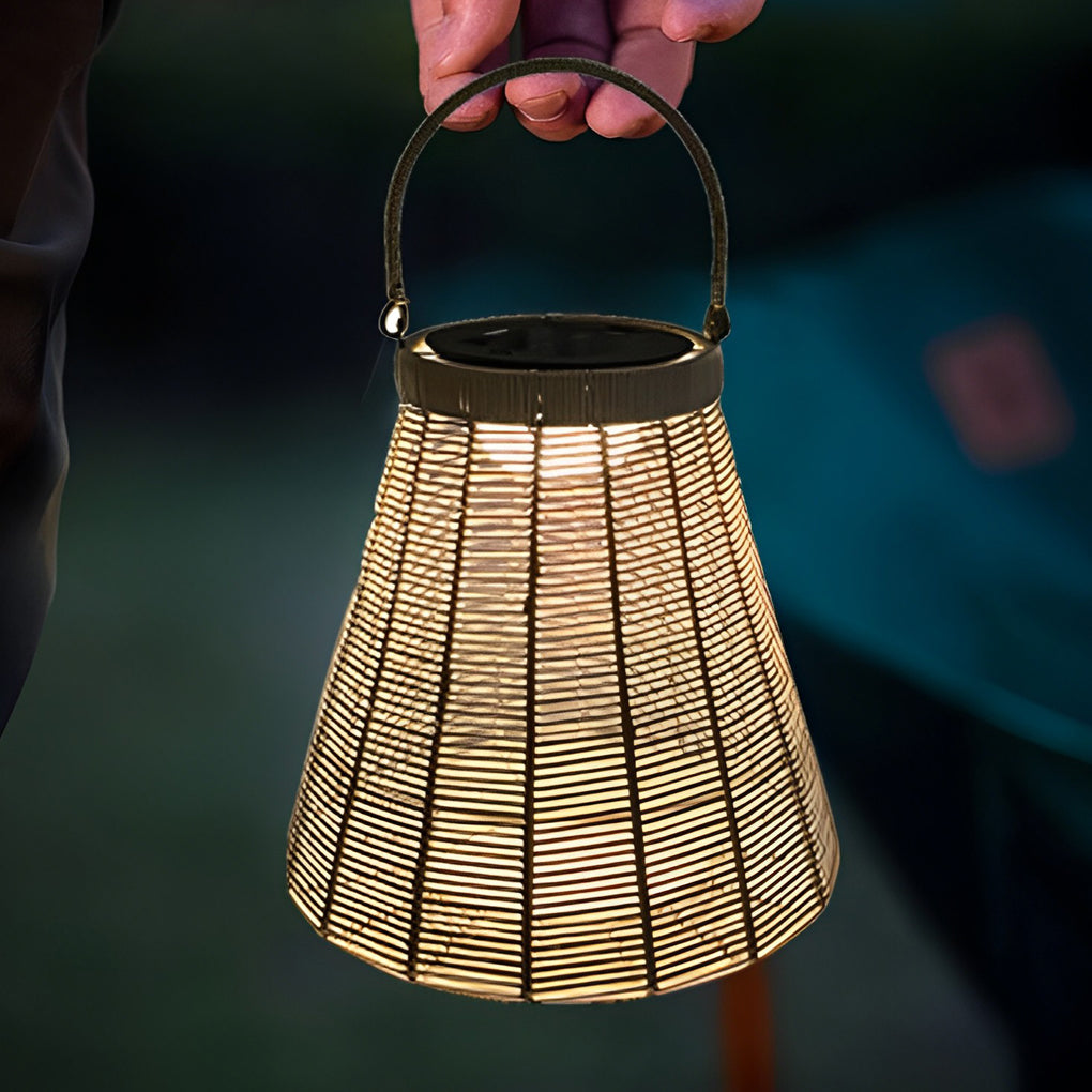Retro Solar Outdoor Lantern — Iron and Rattan, LED, IP65 Weatherproof, 13" × 14"