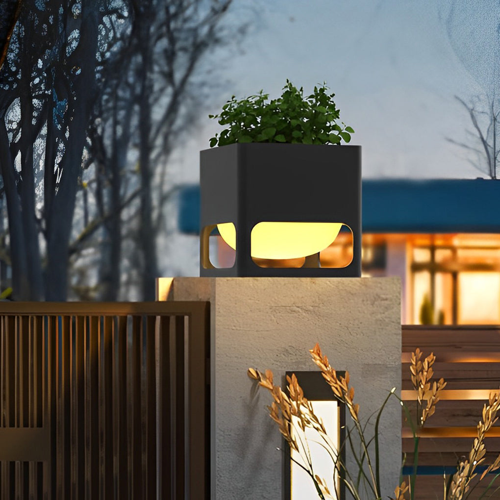 Square Flowerpot Outdoor Pillar Light — Black Stainless Steel, LED, IP65 Weatherproof, 3000K Warm White
