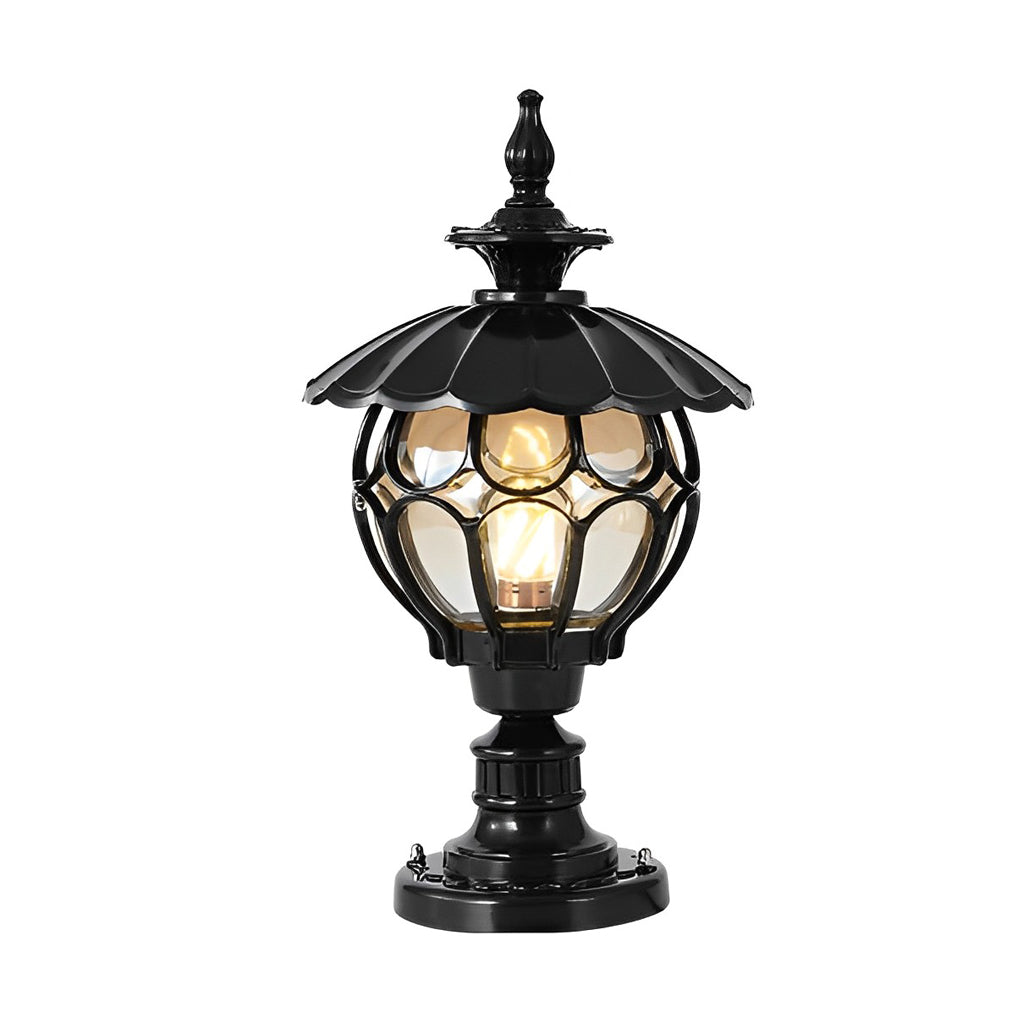 Flower Ball Outdoor Pillar Light — Die-Cast Aluminum, Cognac Glass, E27, 9" × 17", Black / Bronze