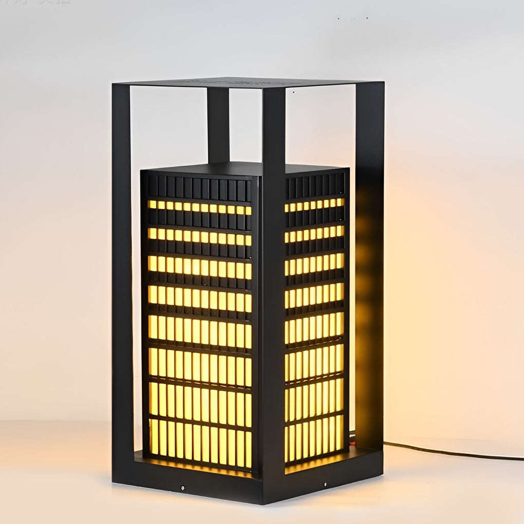 Cuboid Industrial LED Outdoor Pathway Lantern — Black, Galvanized Steel and Faux Marble, IP55 Weatherproof