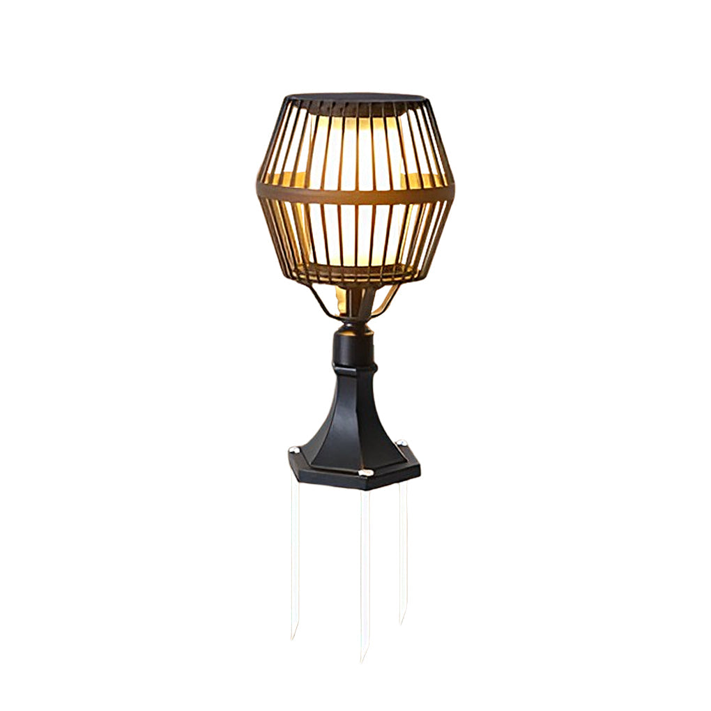 Caged Solar Outdoor Path Lantern — Matte Black Die-Cast Aluminum, COB LED, Warm White 3000K, Solar / Electric, Weatherproof