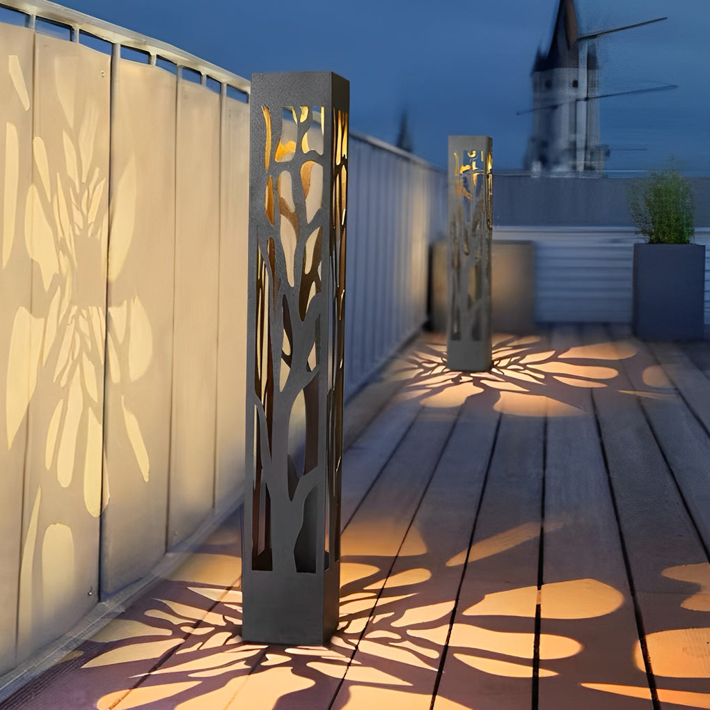 Hollow-Out Branch Solar Bollard Light — Stainless Steel, LED, IP54, Dusk-to-Dawn, 23.6" or 31.5"