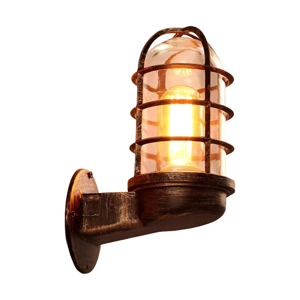 Retro Cage Outdoor Wall Sconce — Die-Cast Aluminum and Glass, 4W LED, E27, Waterproof, 6" × 9"