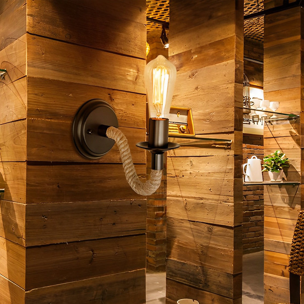 Retro Industrial Wall Sconce — Iron and Rope, E27, 10" × 5" × 6"