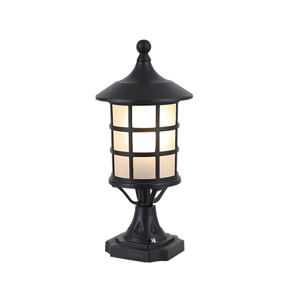 Modern Black Round Cage Solar / Hardwired Pillar Light — Die-Cast Aluminum & Glass, LED, IP65, 3-Step Dimming, Remote Control