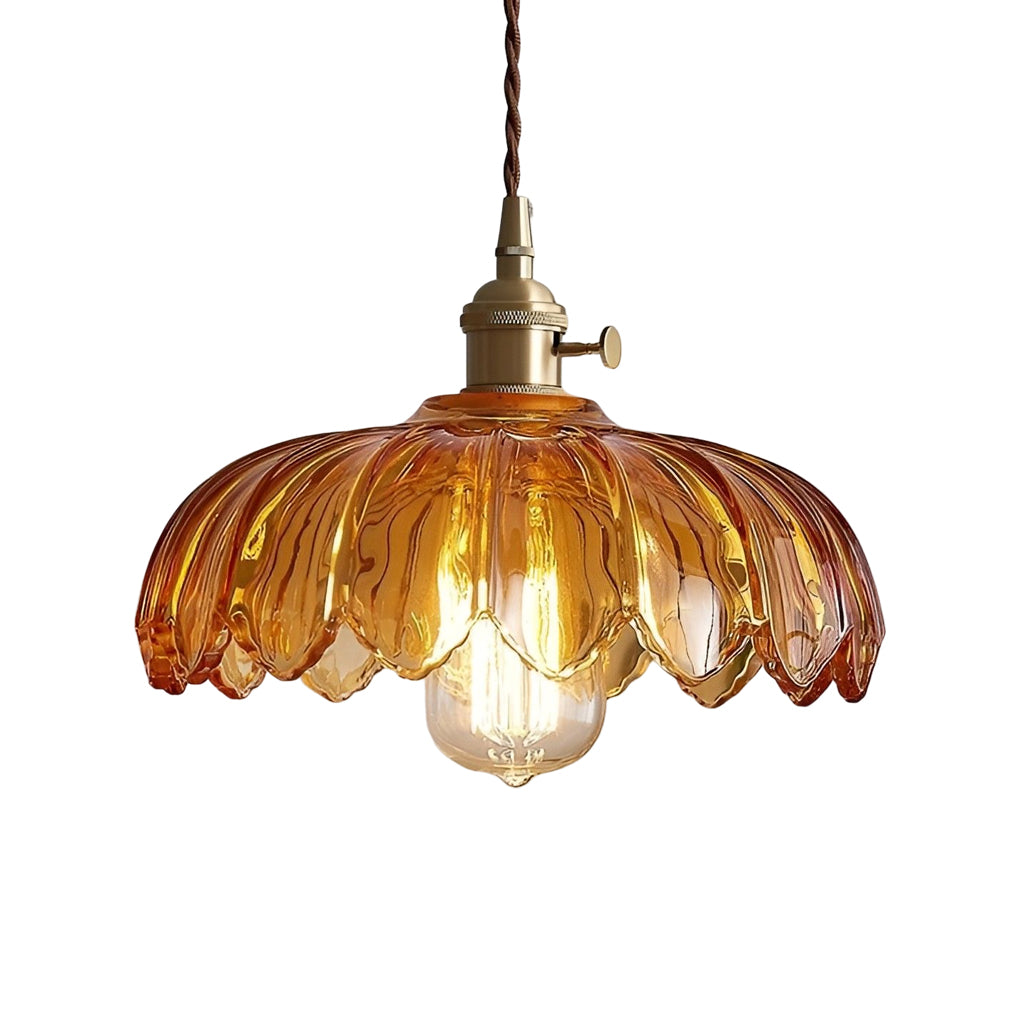 Retro Flower Glass Mini Pendant — Brass, Rotary Switch, 10" Diameter, Clear / Amber / Green / White