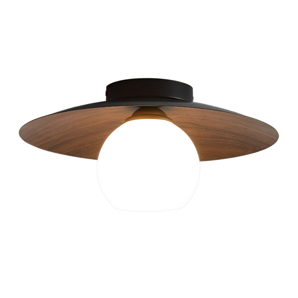 Bowl-Shaped LED Flush-Mount Ceiling Light — Iron and Glass, Imitation Wood Texture, 13.8", 3000K Warm White