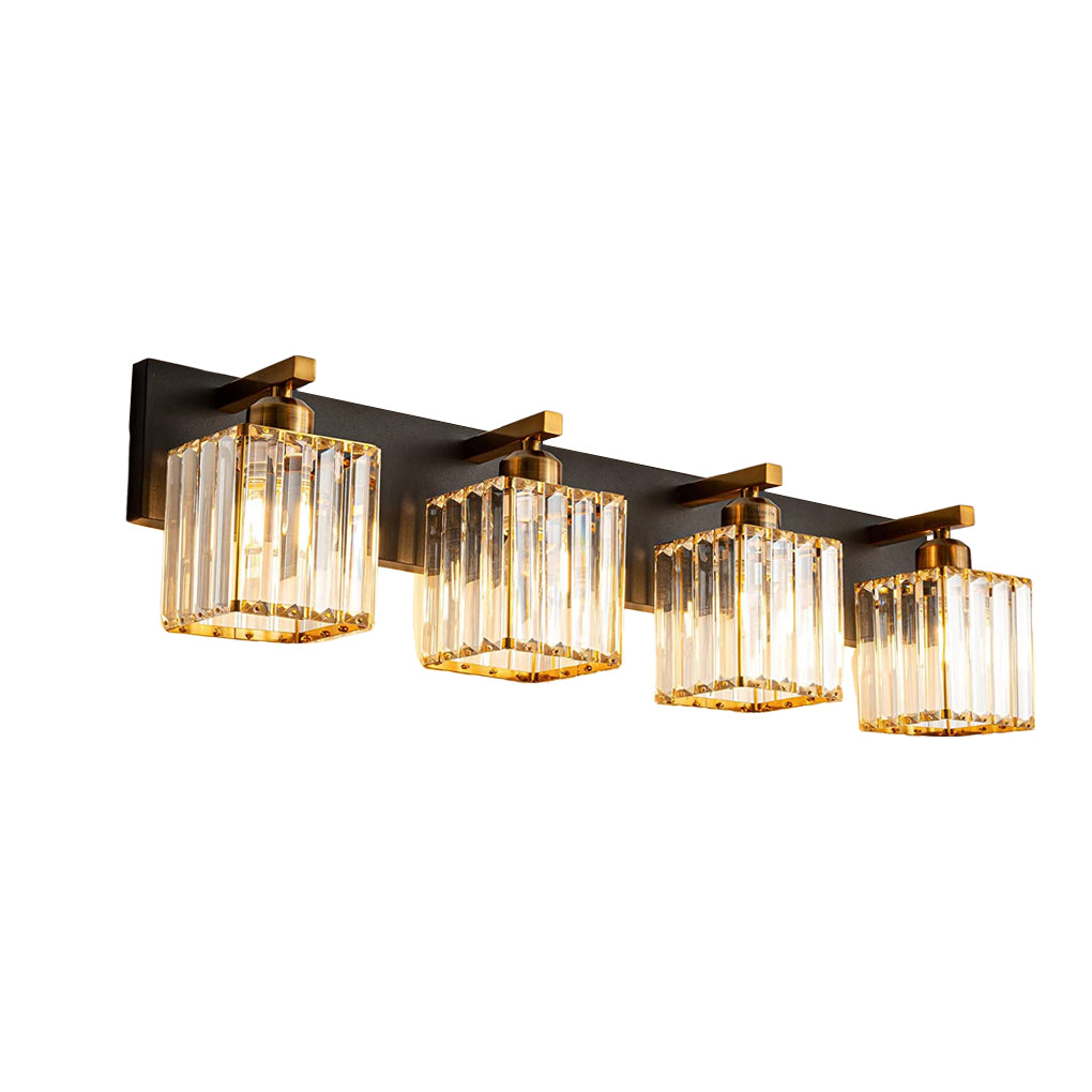 Square Crystal Multi-Light Vanity Sconce — Black and Gold Electroplated Metal, 4-Light / 5-Light, 28.3" Wide