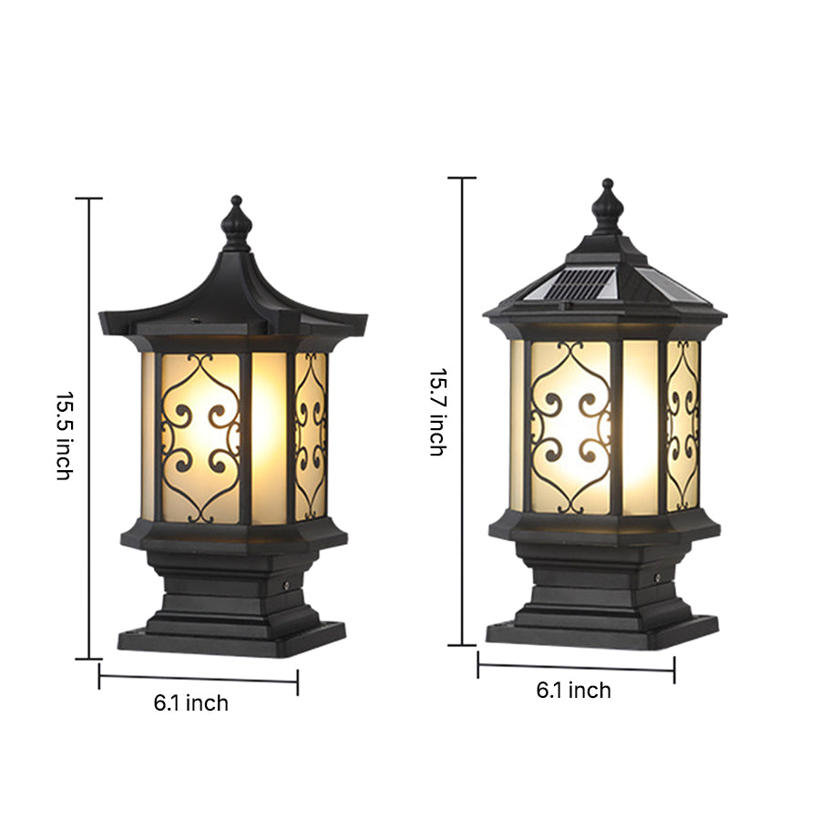 Retro Lantern Outdoor Gate Pillar Light — Die-Cast Aluminum, Frosted Glass, Solar or Hardwired, Black or Bronze