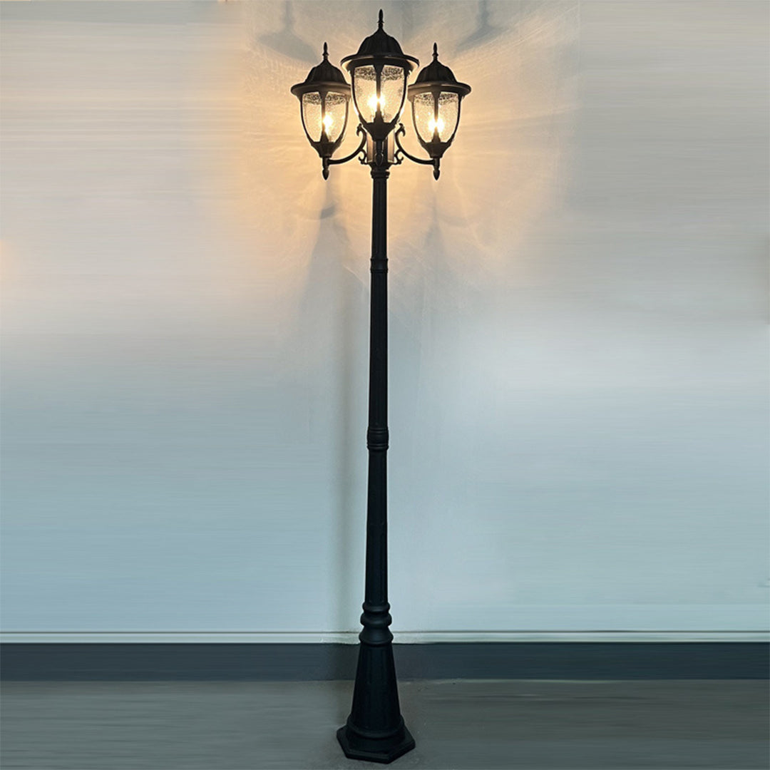 Three-Head Outdoor Post Light — Black Aluminum, 7W LED, IP54, 90.55" Height, E27, 3000K