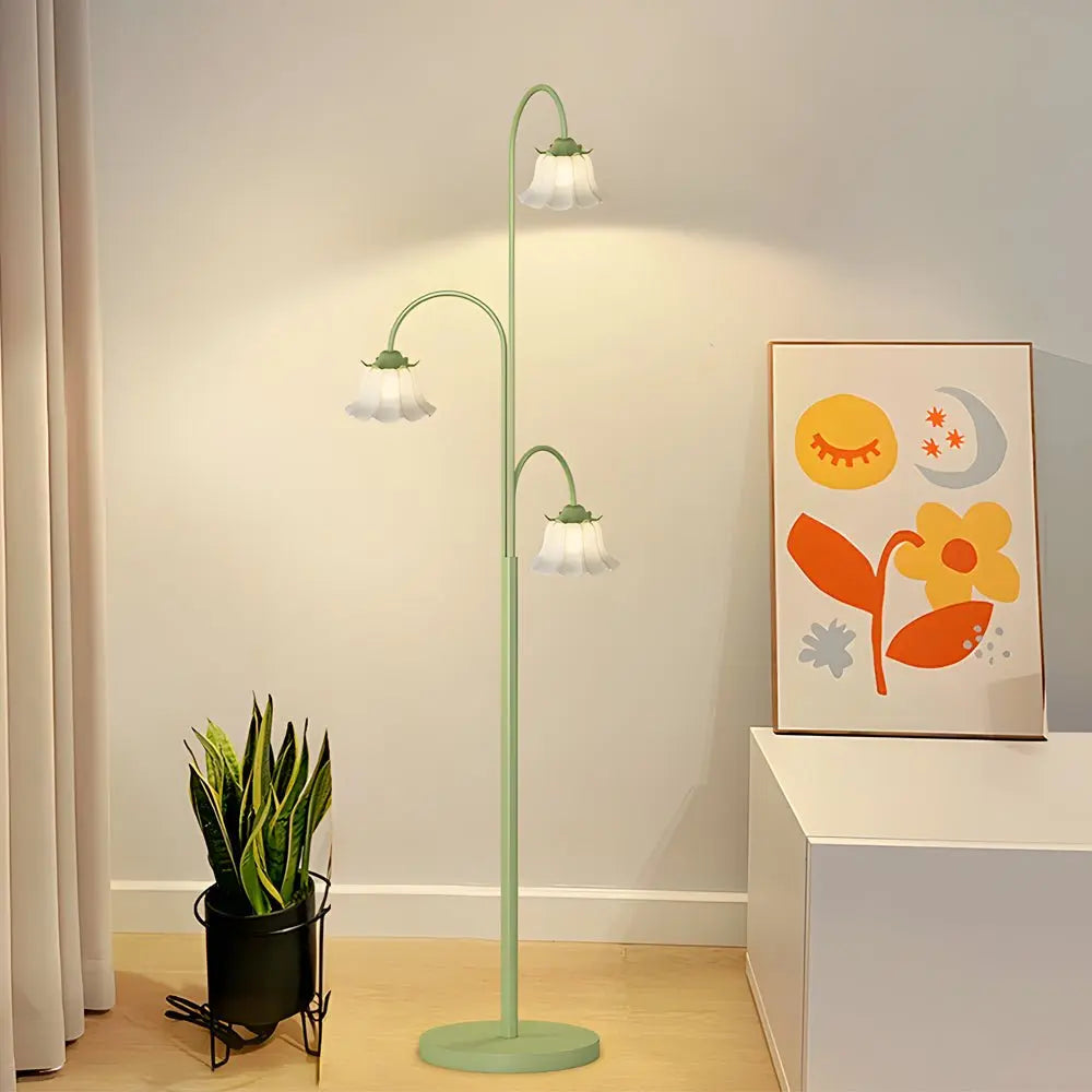 3-Light Dimmable Arc Floor Lamp with Green Flower Tulip Design Luxe
