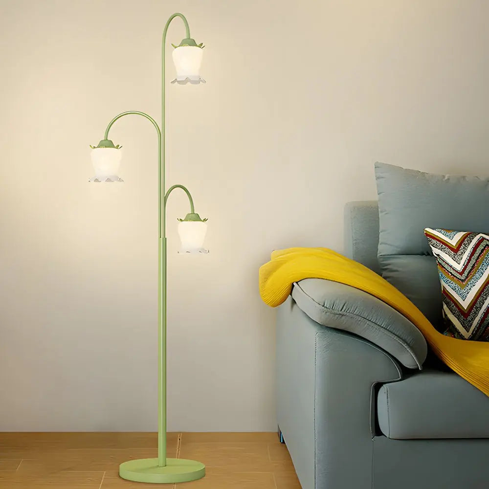 3-Light Dimmable Arc Floor Lamp with Green Flower Tulip Design Luxe