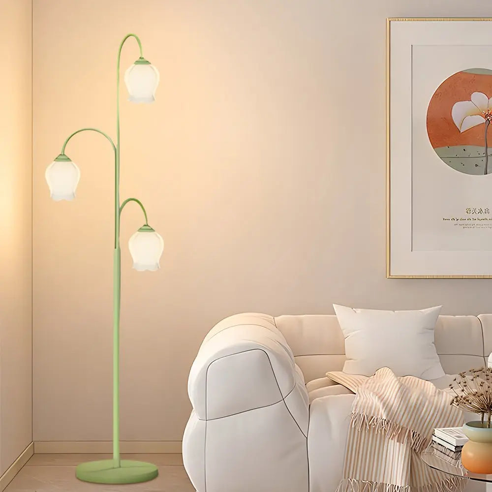 3-Light Dimmable Arc Floor Lamp with Green Flower Tulip Design Luxe