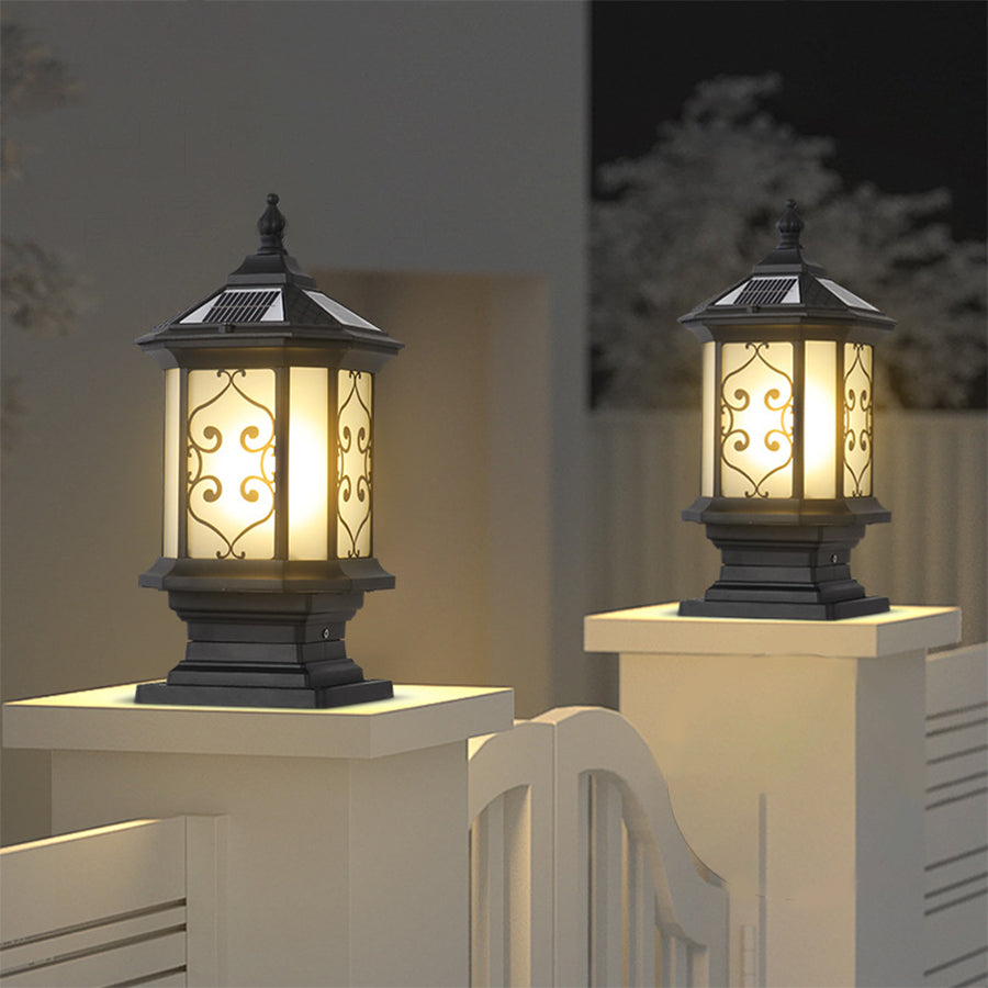 Retro Lantern Outdoor Gate Pillar Light — Die-Cast Aluminum, Frosted Glass, Solar or Hardwired, Black or Bronze