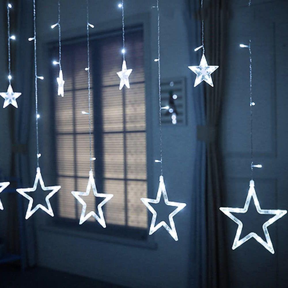 Acrylic Star LED Curtain String Lights — 216 Bulbs, 8.2 ft, 8 Modes, IP44, Warm White