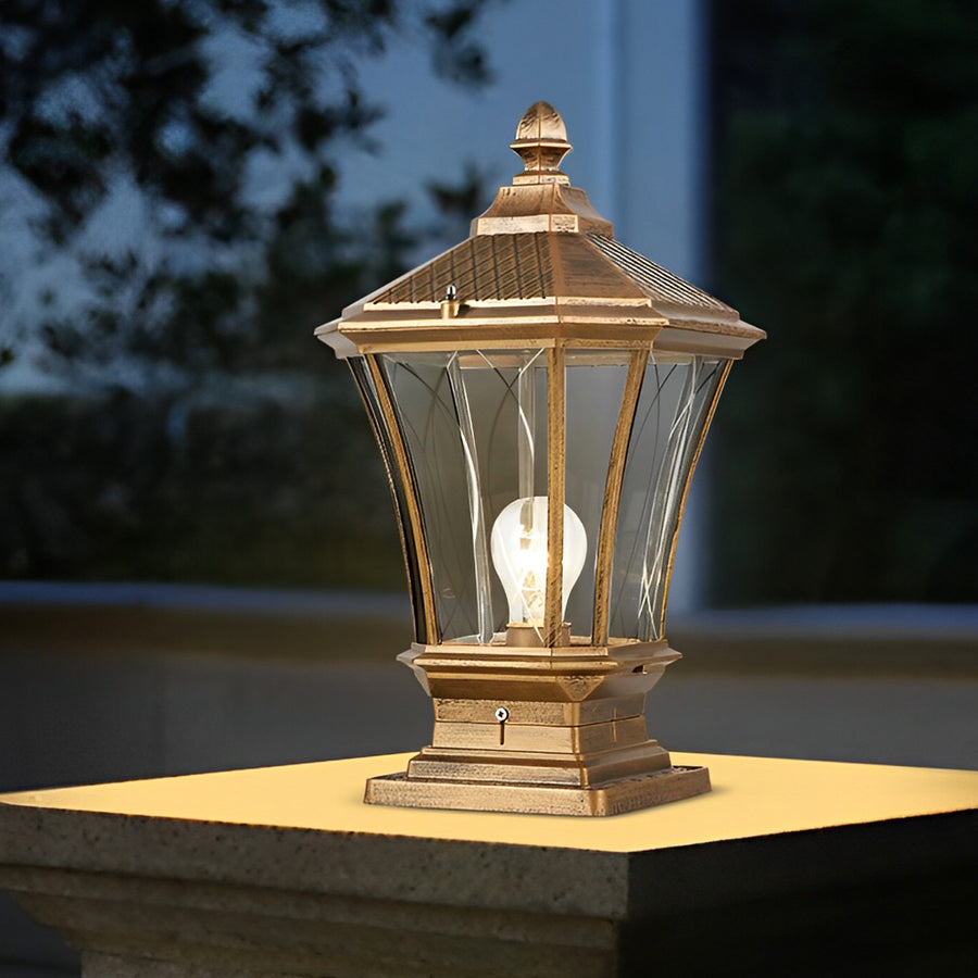 Retro Vintage Outdoor Post Light — Die-Cast Aluminum and Glass, Solar / Hardwired, IP65, 9"×17"