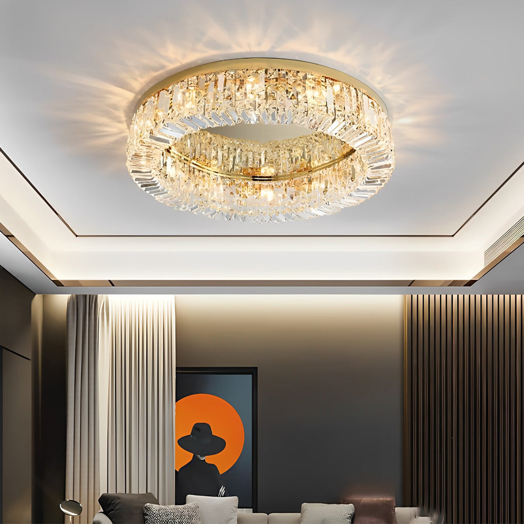 Ring Drum Crystal Flush-Mount Chandelier — Stainless Steel, Chrome or Gold, 6/8/12-Light, 19.7"–31.5"