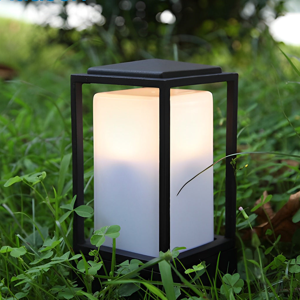 Cubic Bollard Lawn Lantern — Black Aluminum and Glass, 110V Low-Voltage LED, 3000K, IP33 Weatherproof, 4"×4"×8"