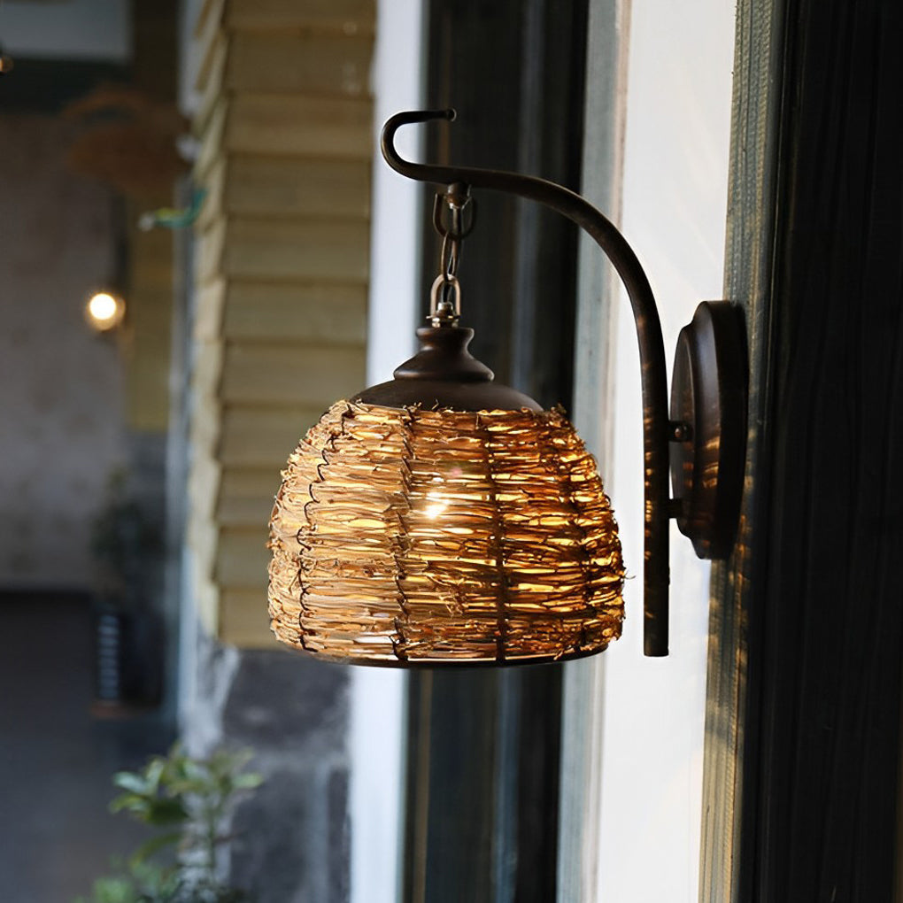 Rustic Handwoven Rattan Wall Sconce — Iron, E27, 8" Diameter, Warm White 3000K