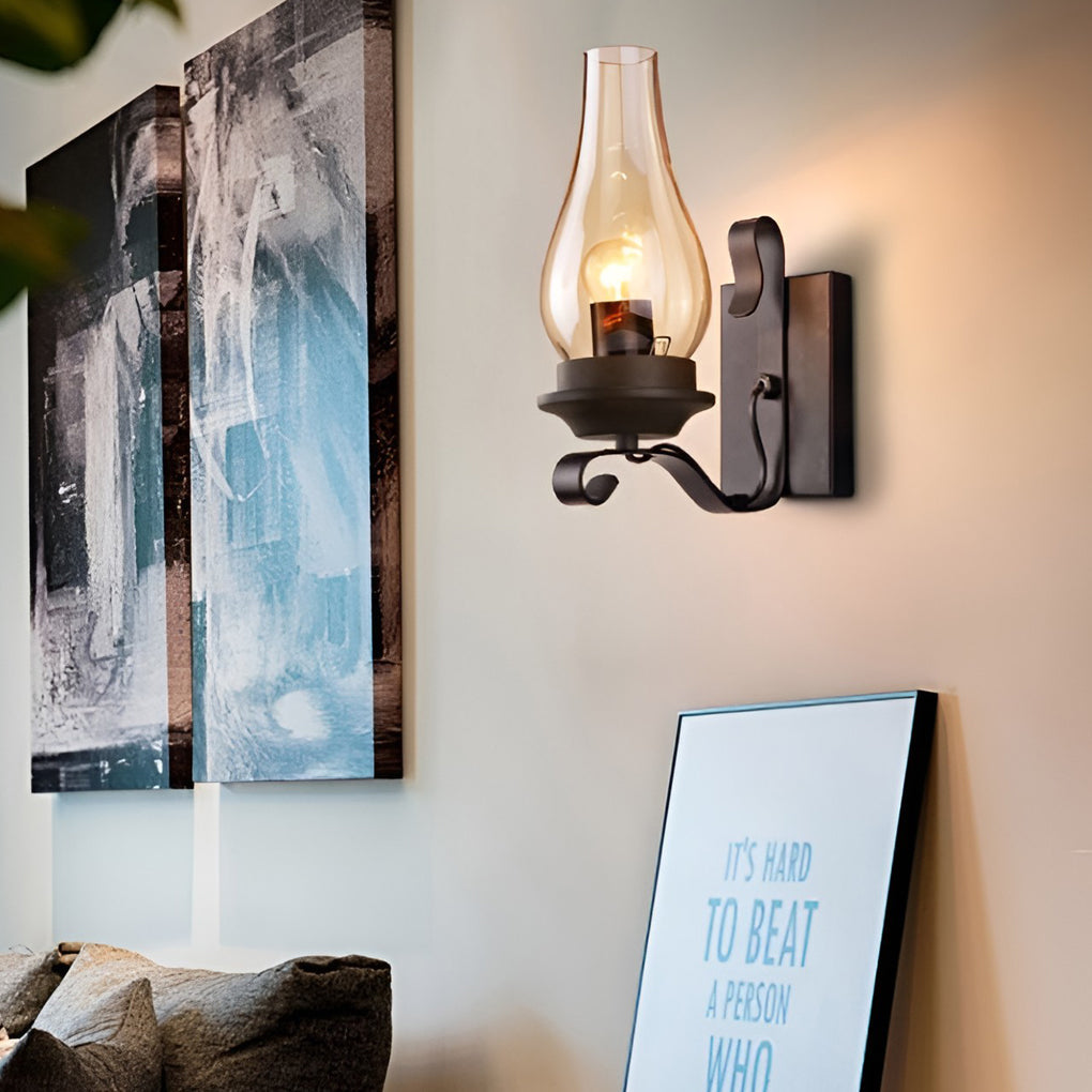 Industrial Retro Wall Sconce — Black Iron, E27, Blown Glass Shade, 8" × 12"