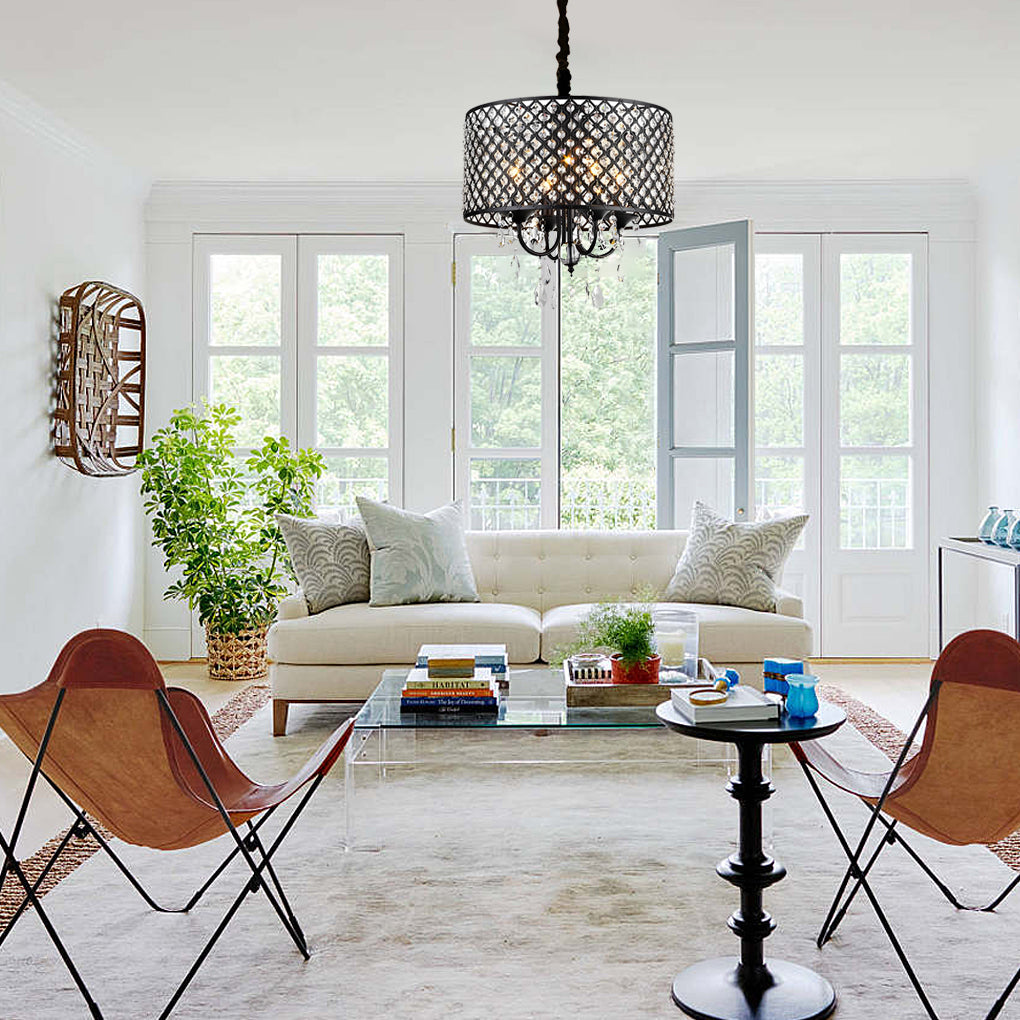 Round Iron and Crystal Chandelier — Retro, Black or Silver, E14, 16.9" Diameter