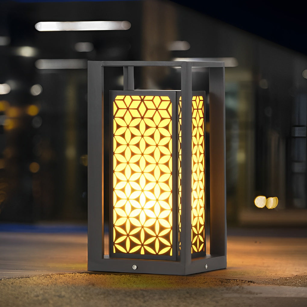 Floral Pattern Modern Bollard Path Light — Black Galvanized Steel, 10W LED, 3000K Warm White