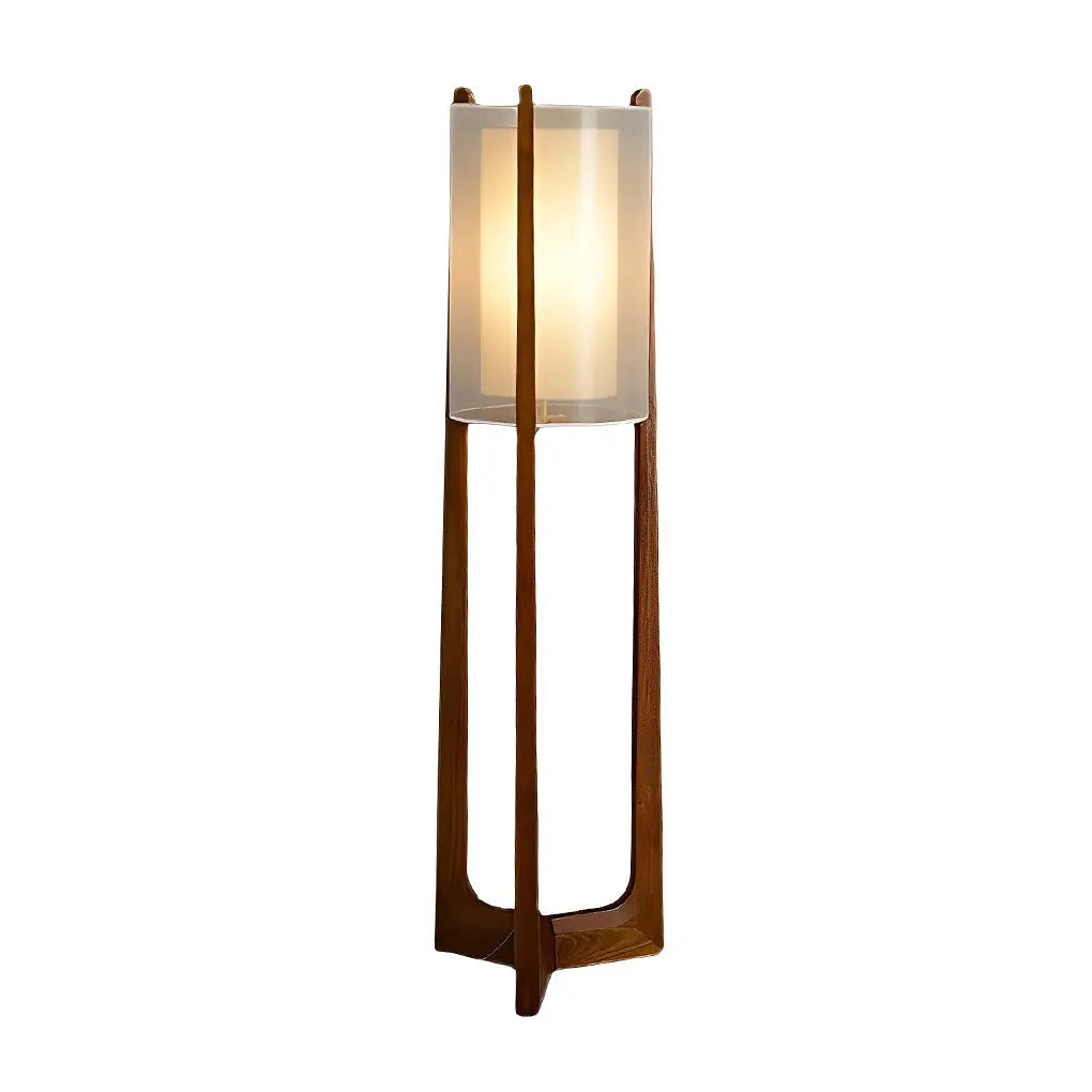 Double-Shaded LED Floor Lamp in Rustic Japanese Style with Wood Stand Luxe