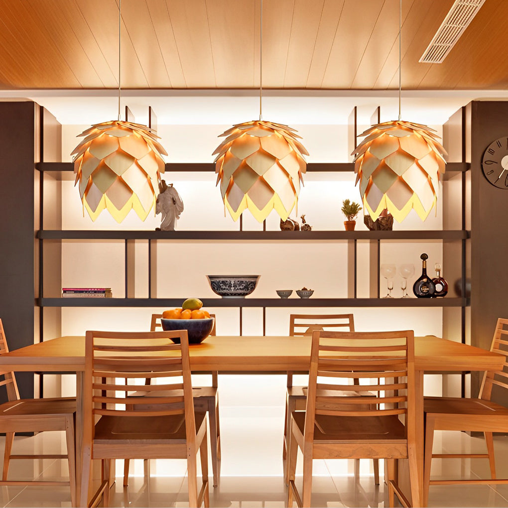 Pine Cone Pendant Chandelier — Wood, LED, 7W/9W, 3000K Warm White, Hardwired, Rustic Modern