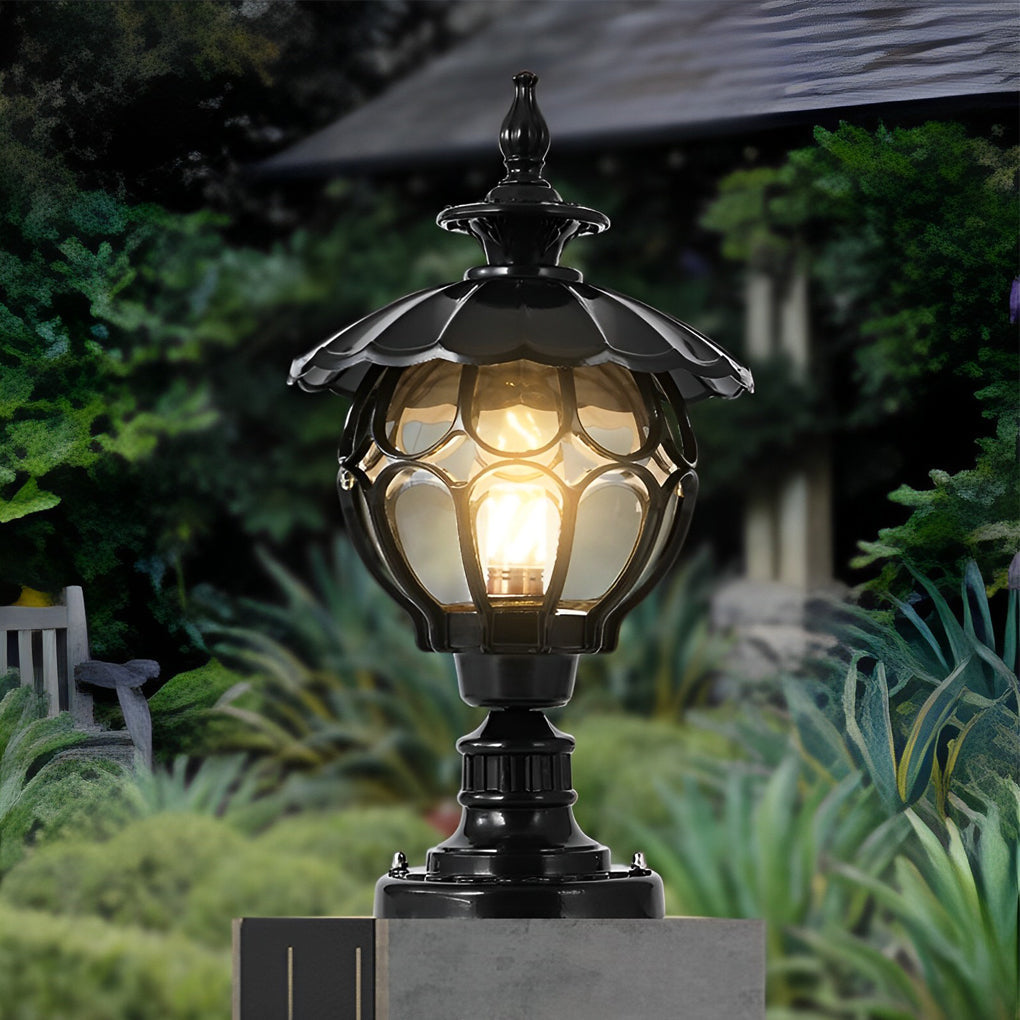 Flower Ball Outdoor Pillar Light — Die-Cast Aluminum, Cognac Glass, E27, 9" × 17", Black / Bronze