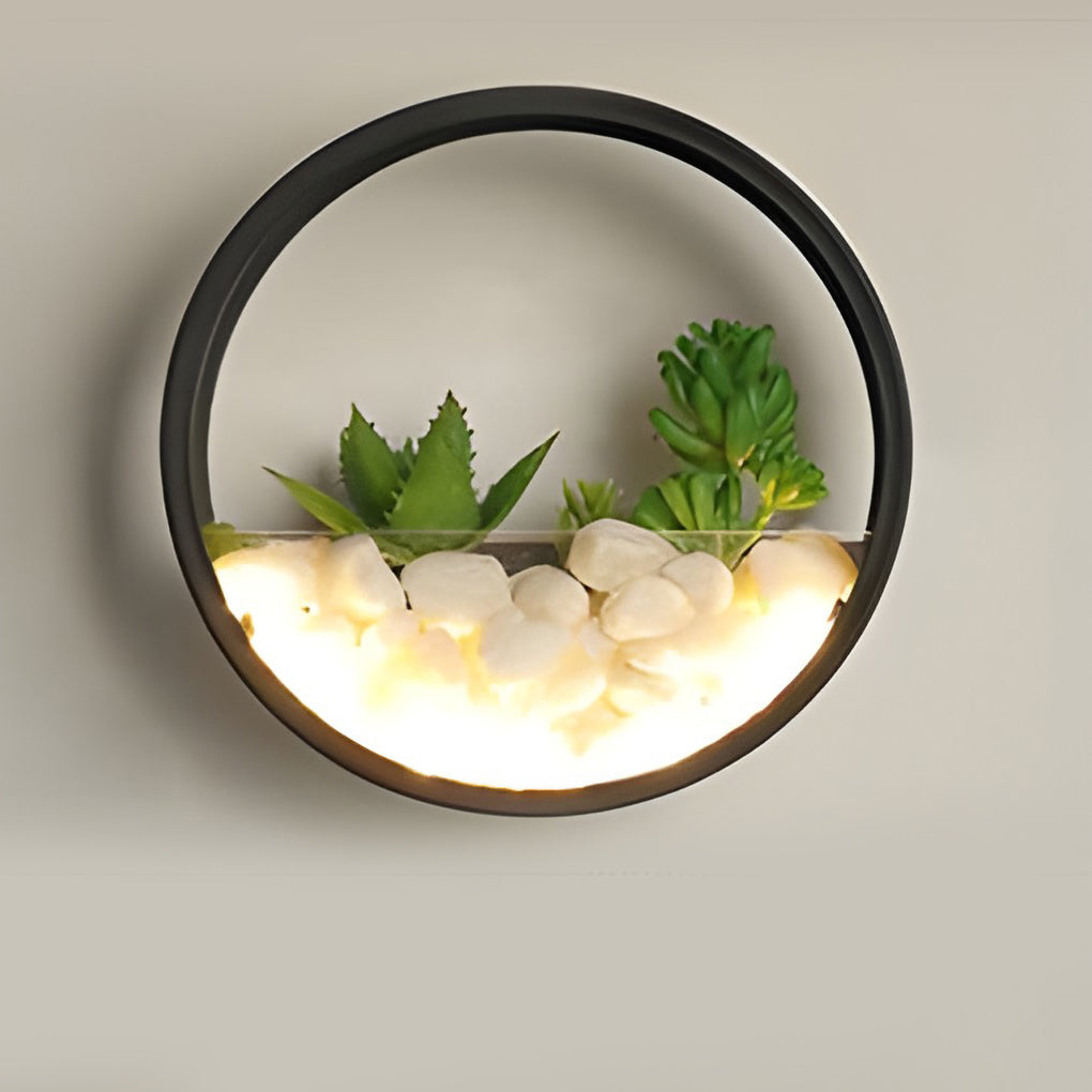 Modern Outdoor Wall Sconce with Artificial Stone and Plant Landscape — Iron, 18W LED, Round, 8"/12"/20"