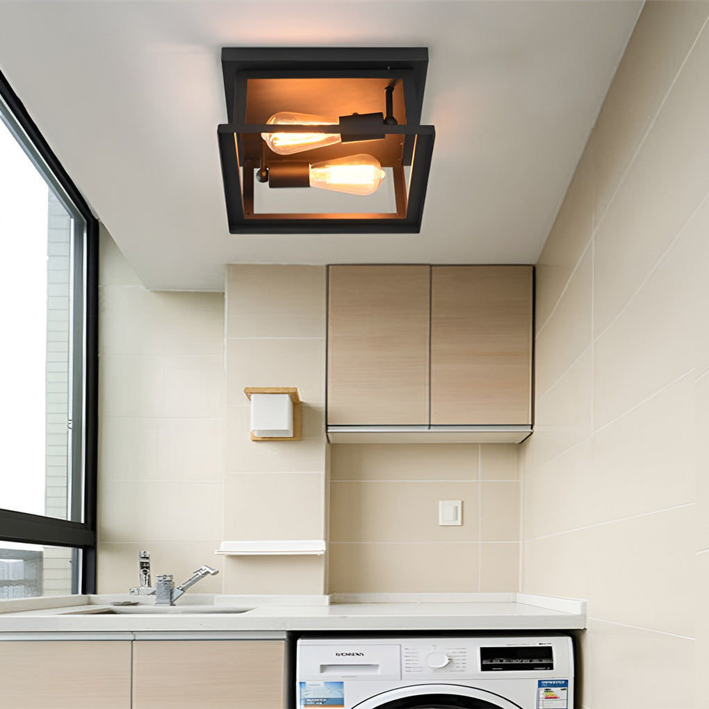 Square Industrial Flush-Mount Ceiling Light — Black Iron, Retro, 11" x 11"