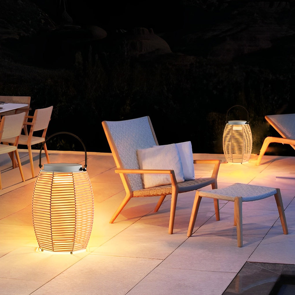 Rattan Solar Portable Outdoor Lantern — Stainless Steel, 3000K Warm White, IP54 Weatherproof, 180° Rotating Handle