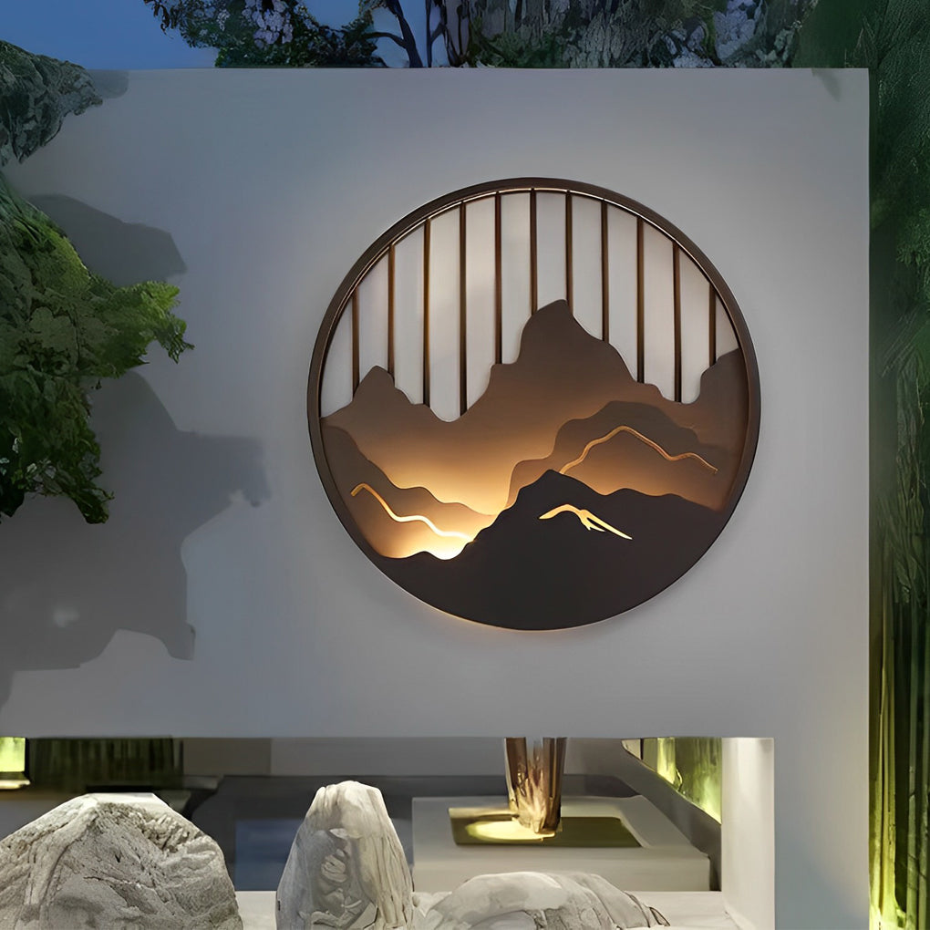 Round Mountain Scenery Outdoor Wall Sconce — Black Iron, LED Waterproof, 16"/24"/31"
