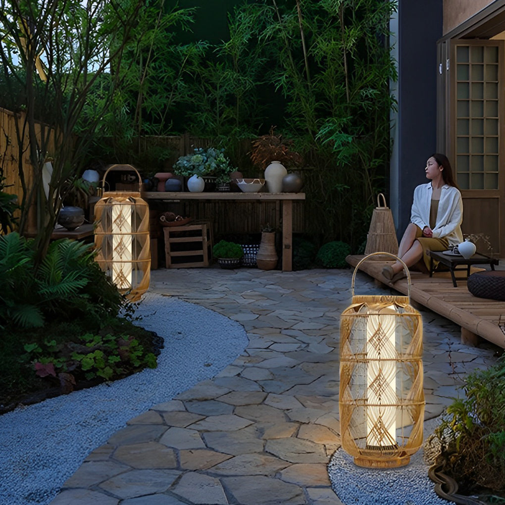 Rattan Solar Floor Lamp — PE Rattan and Iron, LED 3000K Warm White, Portable, Waterproof, 12" x 29"
