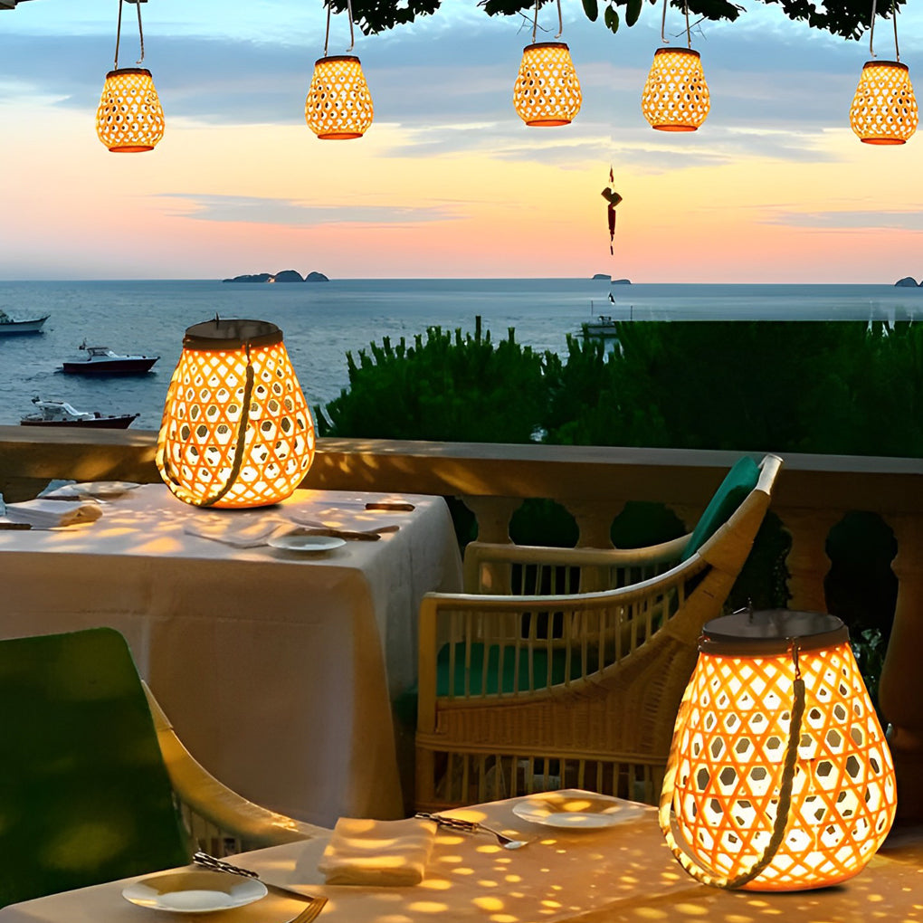 Bamboo and Rattan-Style Portable Outdoor Lantern — Plastic with Hemp Rope, Solar / USB, LED 3000K, IP44, 7.3" × 8.3"