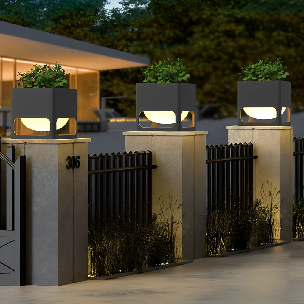 Square Flowerpot Outdoor Pillar Light — Black Stainless Steel, LED, IP65 Weatherproof, 3000K Warm White
