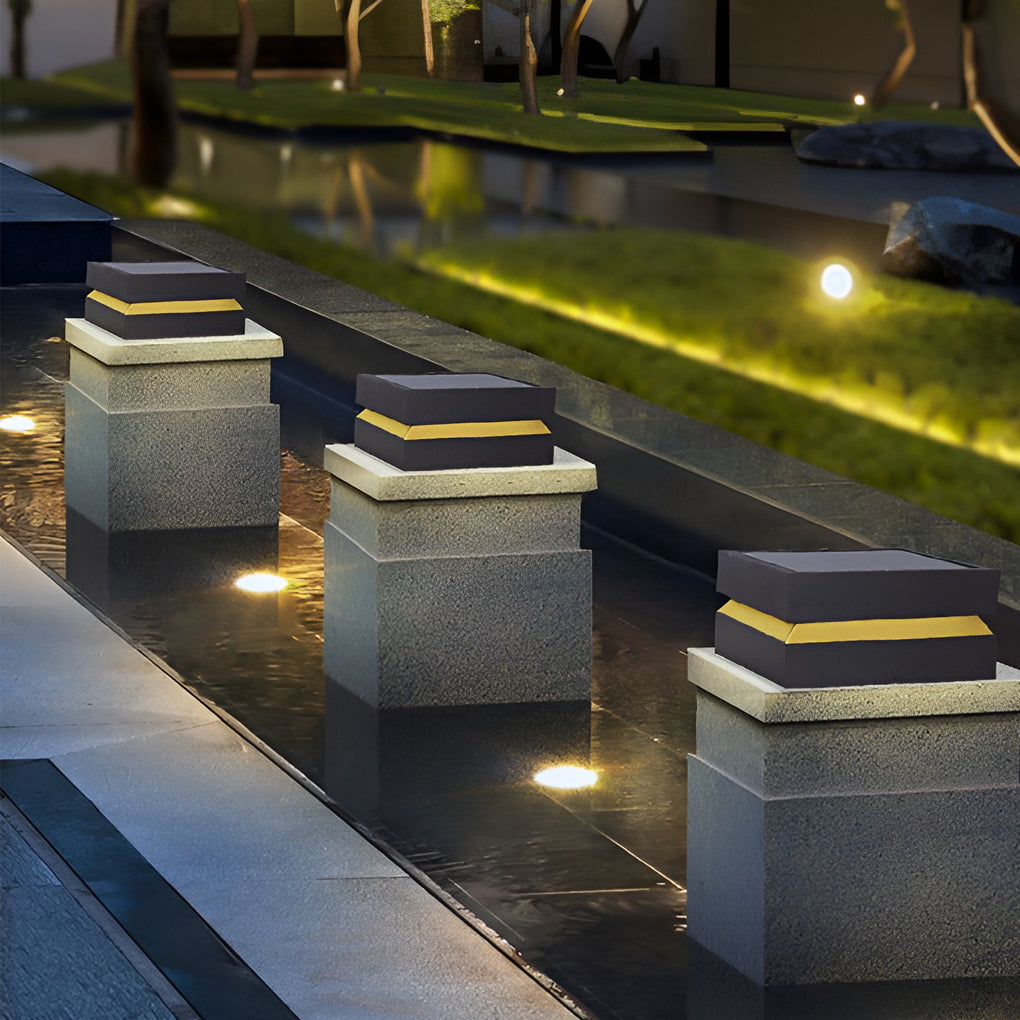 Modern Square LED Post Cap Pillar Light — Black Stainless Steel, 16W, Solar / Hardwired, IP65, 3000K