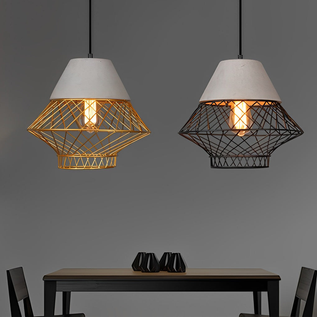 Retro Industrial Pendant Light — Cement and Iron Cage, E27, 13" Diameter, Kitchen Island / Dining