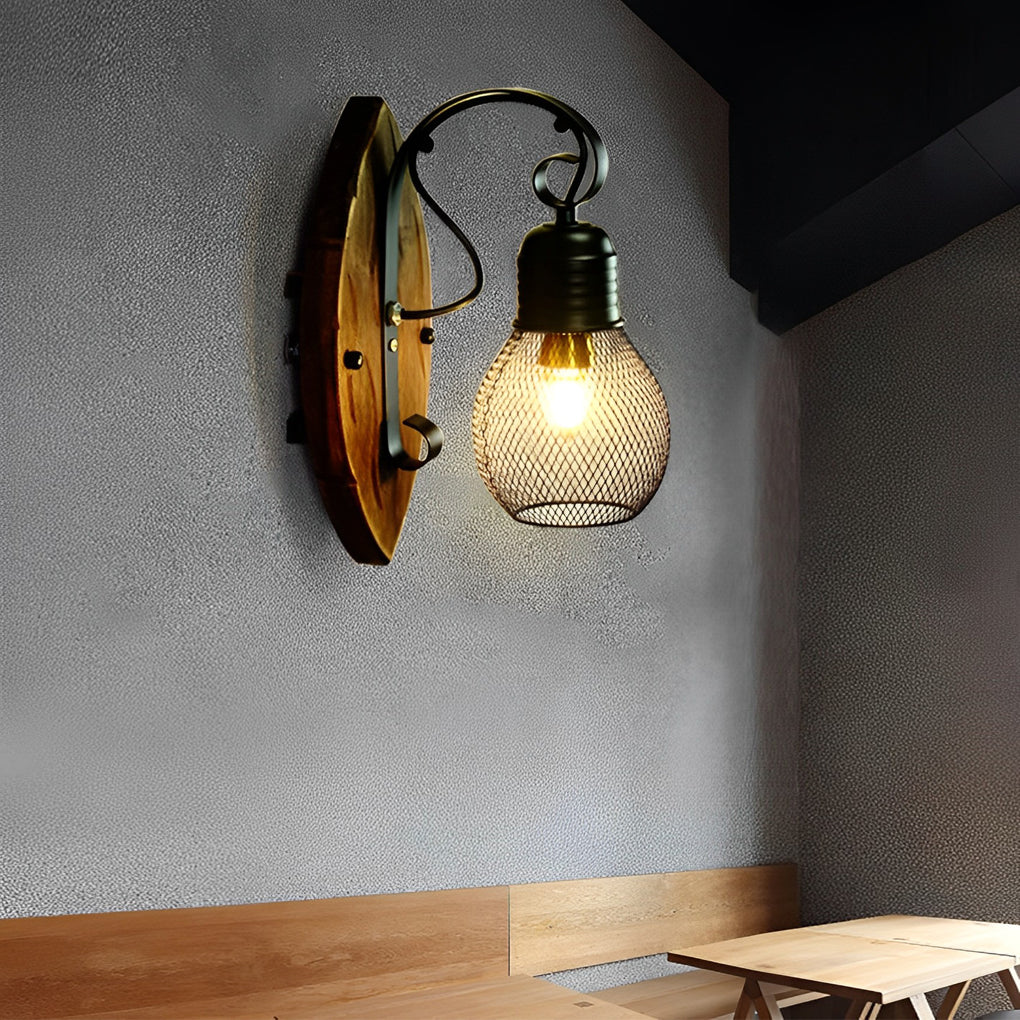 Industrial Rustic Wall Sconce — Antique Wood and Black Iron Hollow Mesh, E27, Hardwired, Max 40W