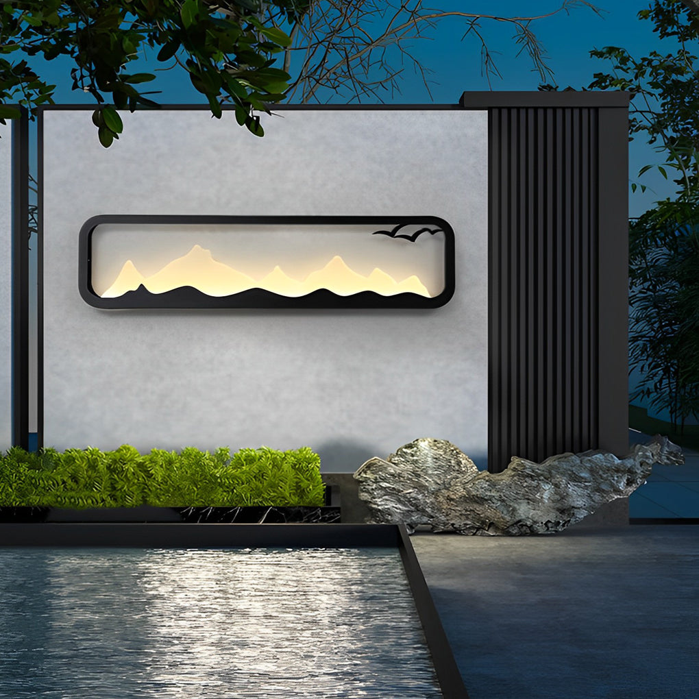 Rectangular Mountain Scenery Outdoor Wall Sconce — Black Iron & Acrylic, Industrial, LED, IP65, 14W–28W, 3000K