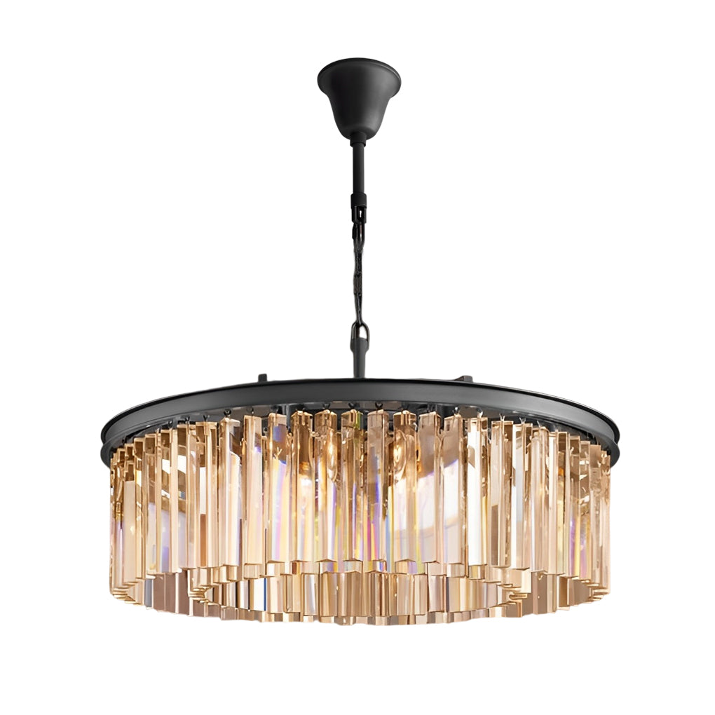 Round Crystal Strip Chandelier — K9 Crystal and Metal, Mid-Century Modern, 3000K Warm White, 21.7" or 33.5"