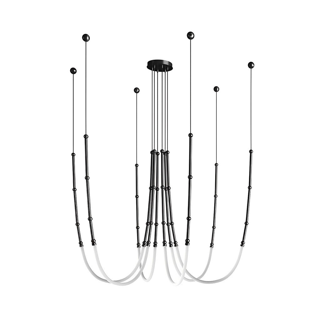 Staircase Chandelier with Bamboo Knot Design — Black Iron, LED, Adjustable 79" Wire, 1/3/6-Light
