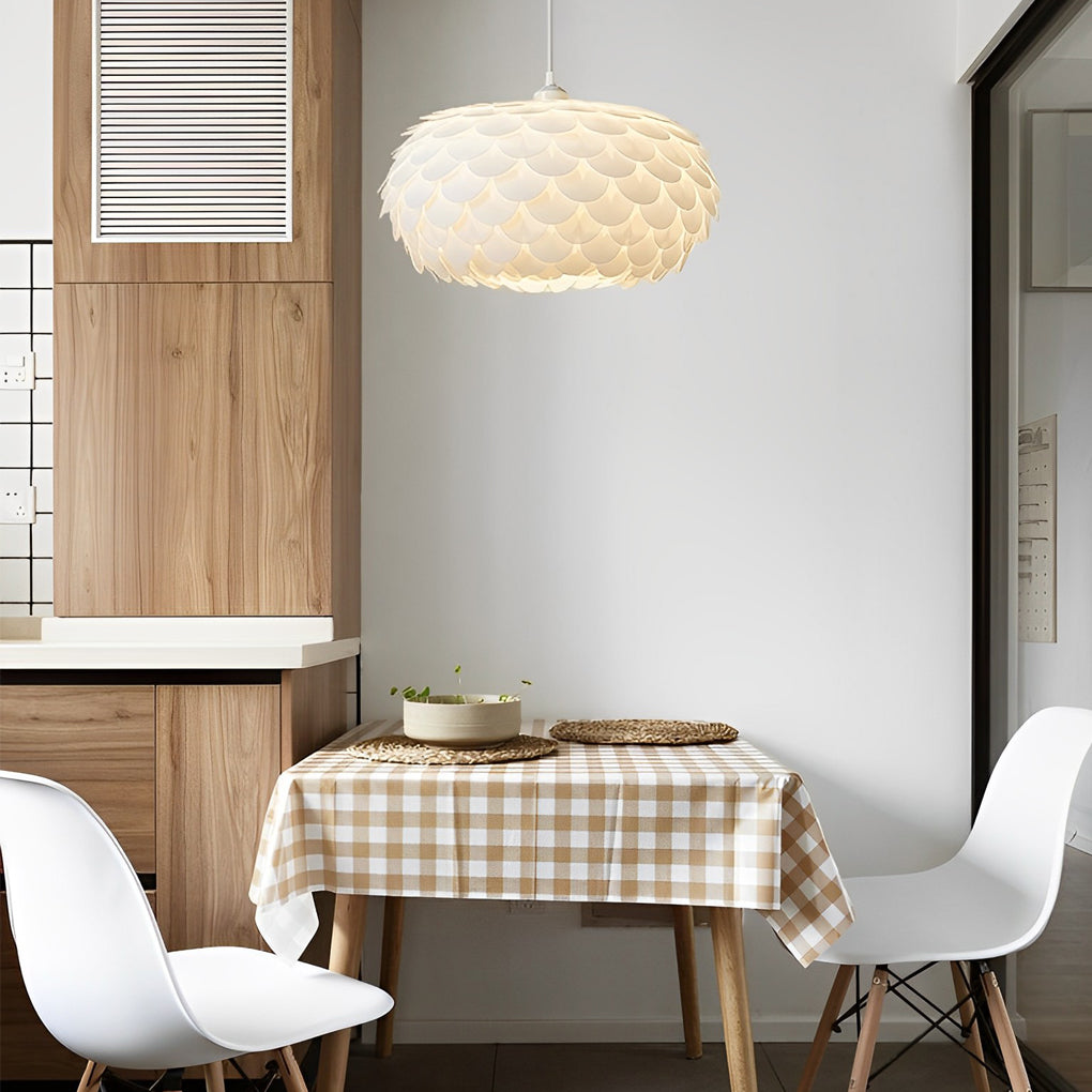 Fish Scale Round Pendant Light — White PP, Three-Step Dimming LED, 20W, 11.8" or 15.7"