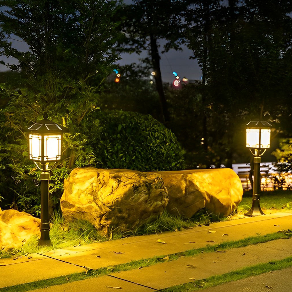 Ancient House-Style Solar LED Post Light — Aluminum and Glass, 7W, IP54, 3-Step Dimming, Remote Control