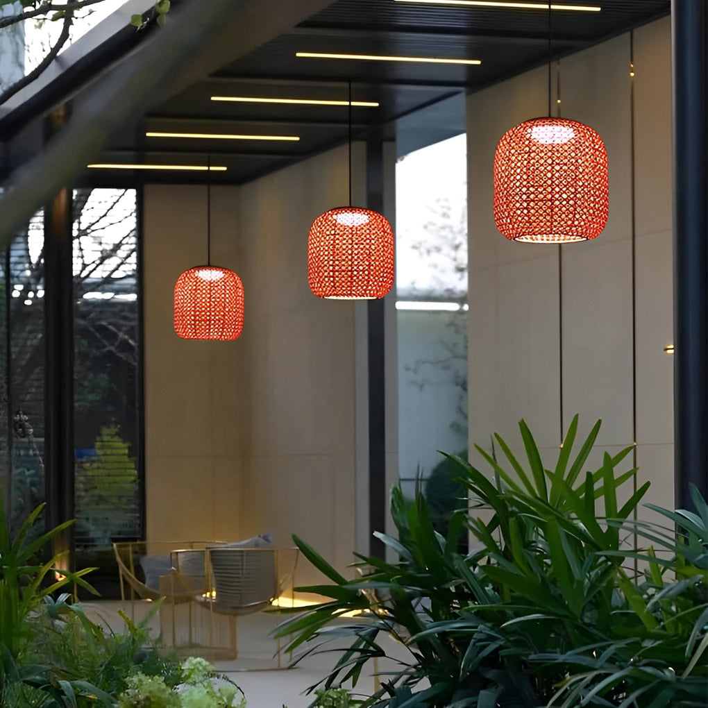Rattan Lantern Outdoor Hanging Chandelier — Iron, Red, LED 10W 3000K, IP55 Waterproof, Hardwired