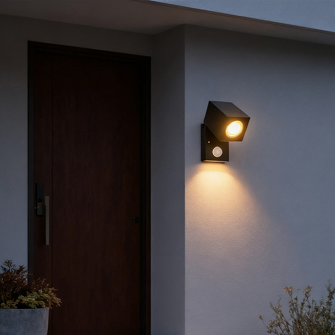Square Adjustable Outdoor Wall Sconce — Black Aluminum, 5W COB LED, Motion Sensor, IP65, 3000K / 6000K