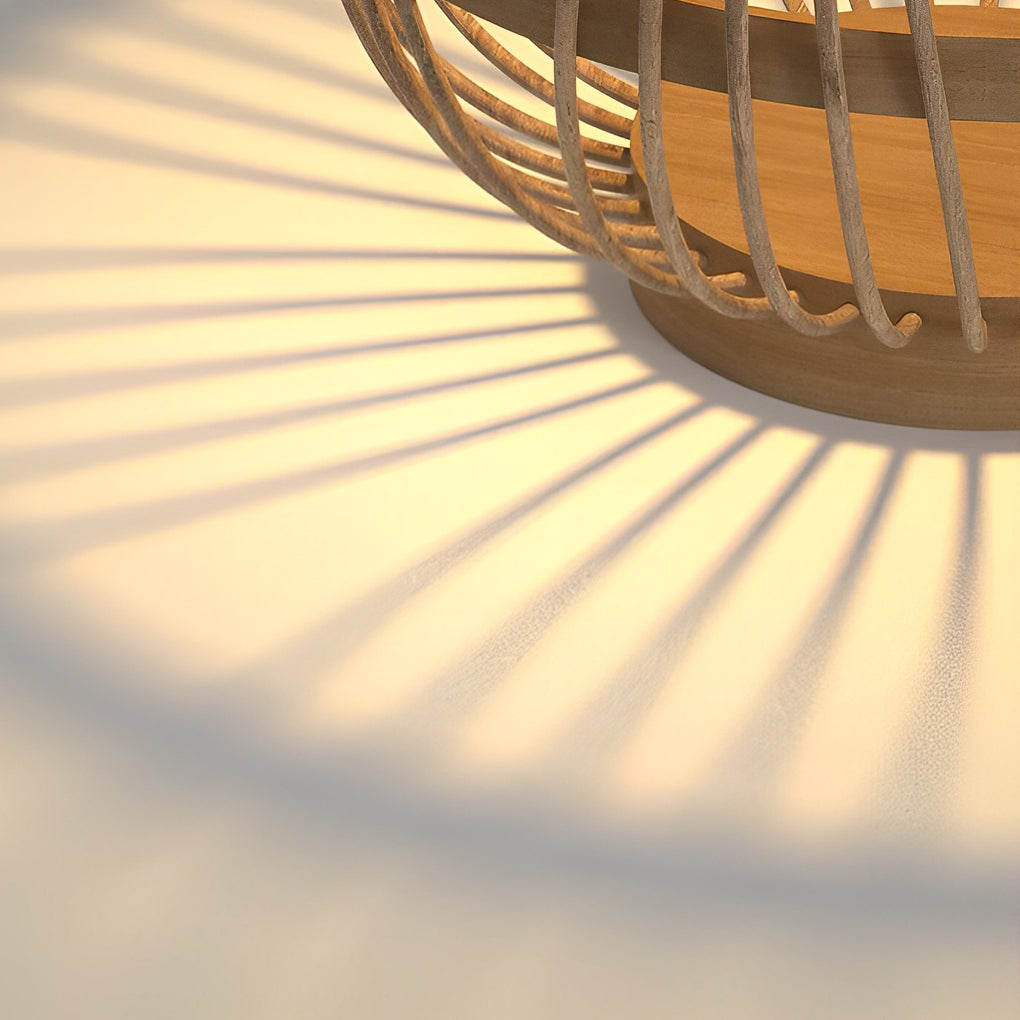 Rustic Modern Solar Portable Lantern — Wood and Rattan, LED, 3000K Warm White, IP65 Weatherproof, 7" × 11"